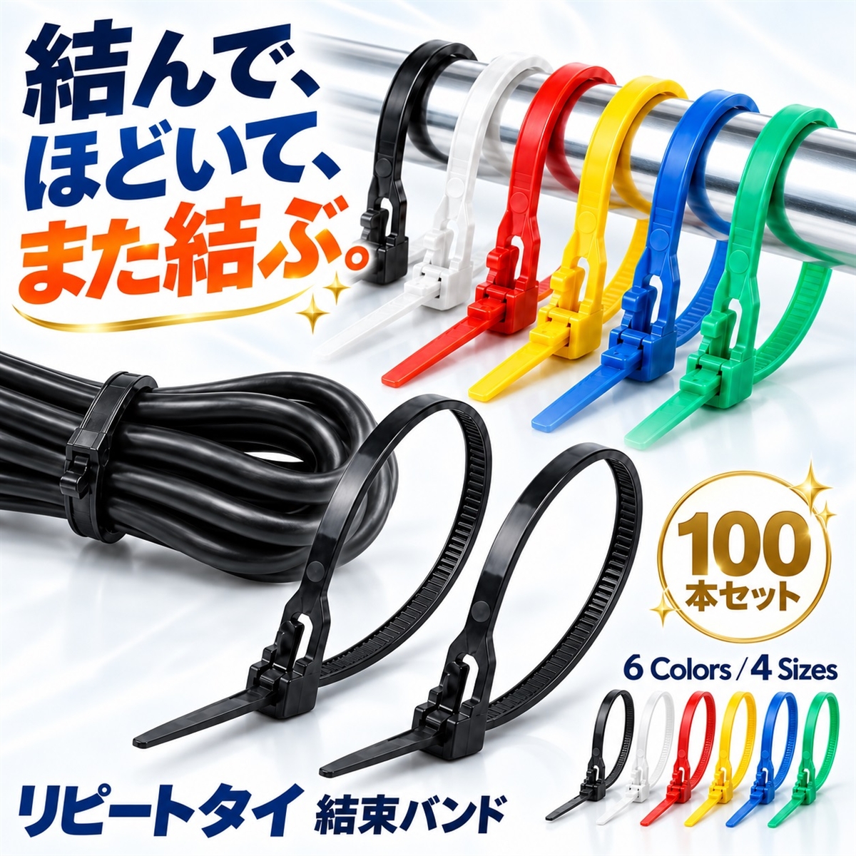 結束バンド 繰り返し使える 再利用 リピート ケーブル 屋外 100本 