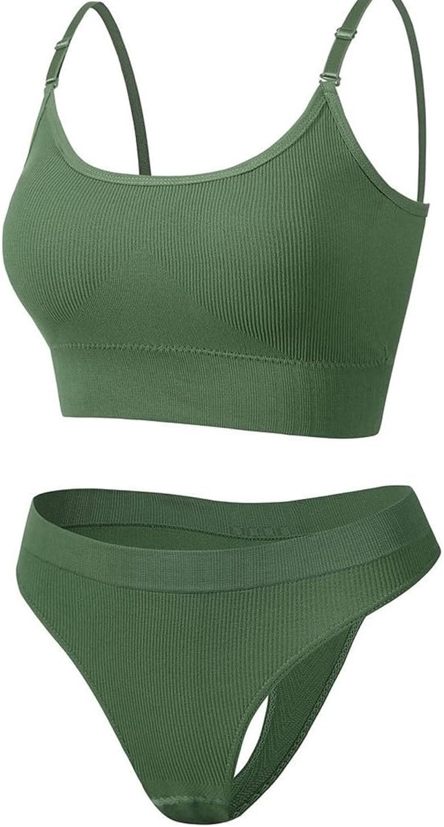 スポーツブラ ＆ Tバックセット ミディアムサポート 無地 カップ内臓 ノンワイヤー ナイトブラ MDM(グリーン,  L)