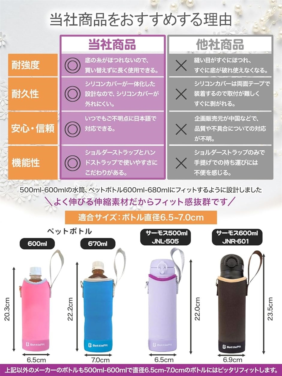 取付け不要の底カバー付き 水筒カバー 500 ml用(パープル) : REAPRI