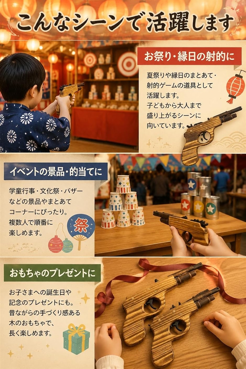 Yahoo!ランキング1位入賞】ゴム鉄砲 木製 連射可能 お祭り 射的 的当て