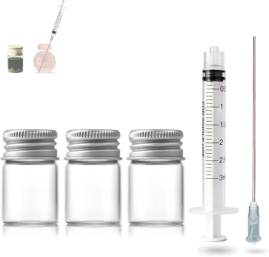 透明, ガラスボトル(7mL) 3個 インク注入用注射器(シリンジ3mL)＋注射
