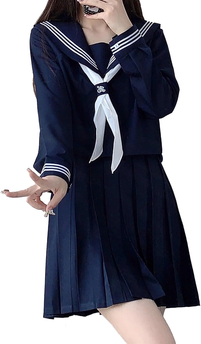 セーラー服 紺色 JK コスチューム 制服 女子高校生 コスプレ 3点セット 長袖、M(長袖,  M)