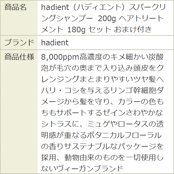 ハディエントスパークリングシャンプー 200g ヘアトリートメント 180g