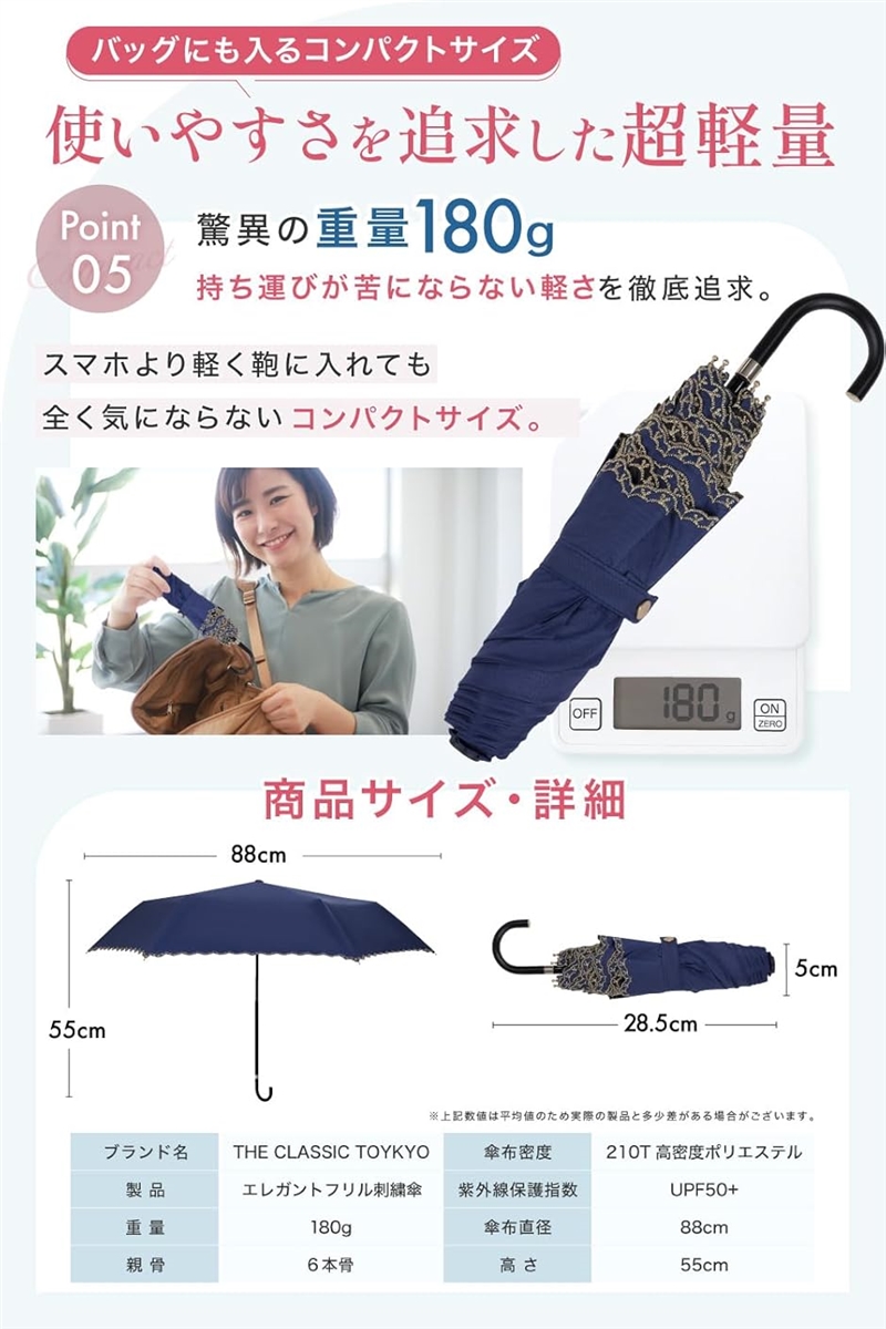日傘 折りたたみ傘 軽量 エレガントフリル刺繍 晴雨兼用 男女兼用 180g