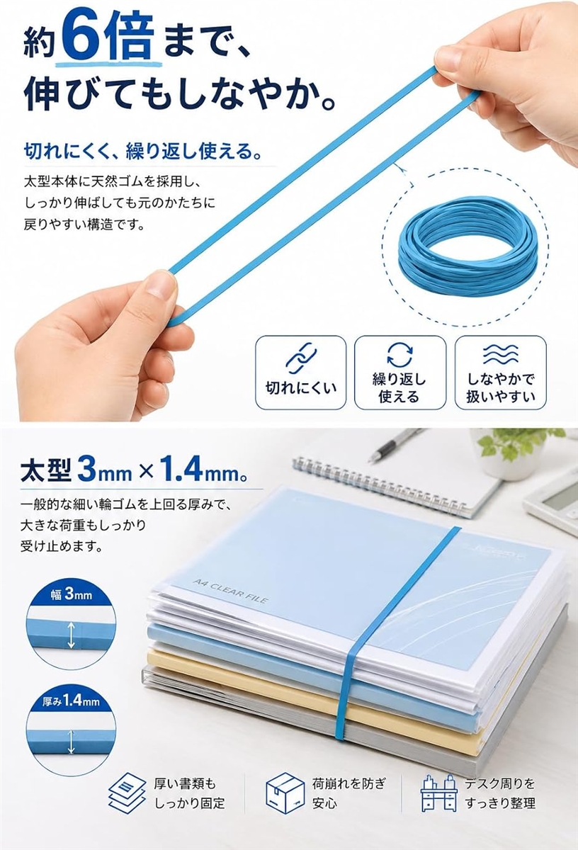 輪ゴム 太い 幅3mm 厚み1.4mm ゴムバンド 6倍の伸縮性 高寿命 50本
