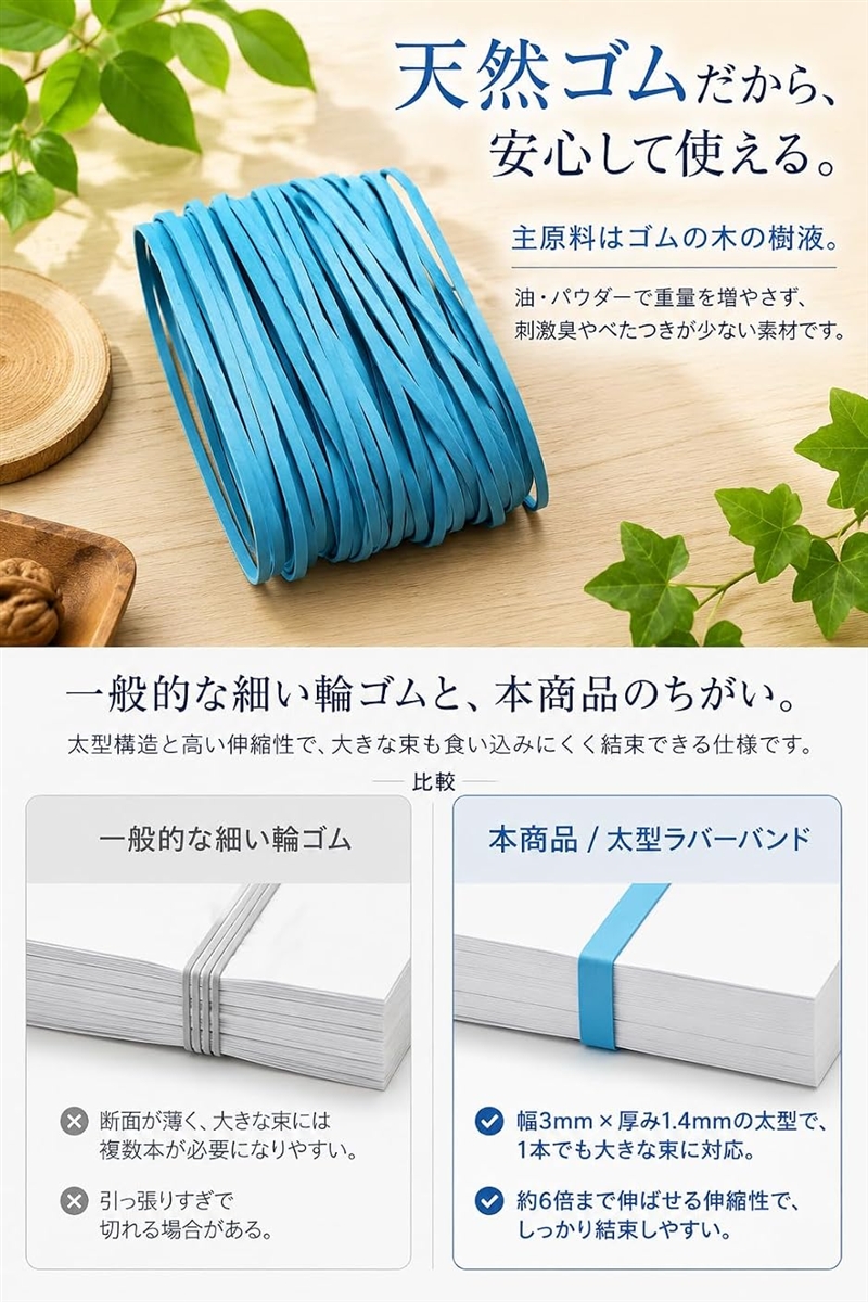 輪ゴム 太い 幅3mm 厚み1.4mm ゴムバンド 6倍の伸縮性 高寿命 50本