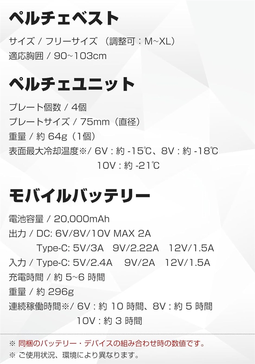 ペルチェベスト最大-21℃ 瞬間冷却 20000mAh バッテリー付き 3段階冷