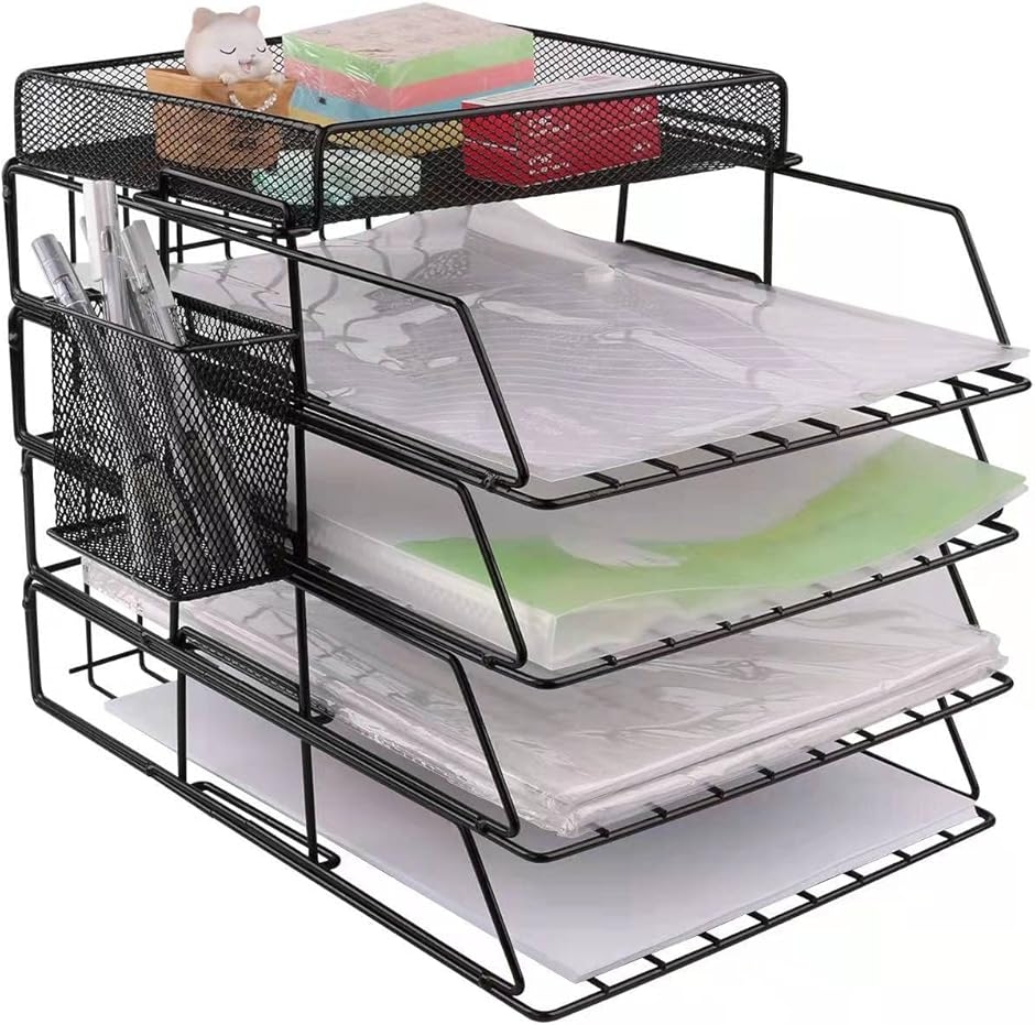 書類トレー ファイルラック レターケース A4サイズ 4段 卓上収納ラック 組み立て式 縦置き デスク書類ラック 小物入れ (ブラック)