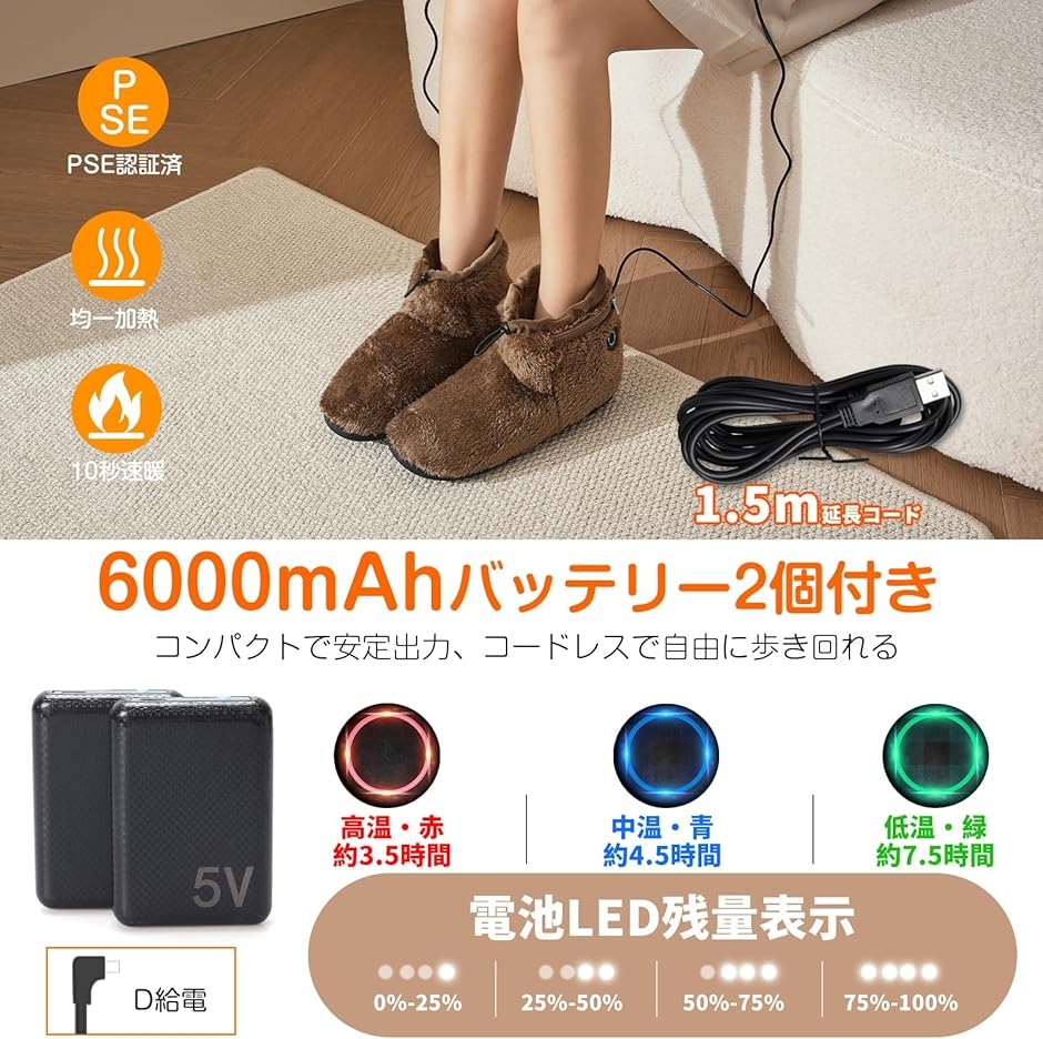 電気スリッパ コードレス 10秒速暖 フットウォーマー 足温器 充電式 ブーツ 歩ける ヒーター (グレー, L(25〜27.5cm)) 関連画像2