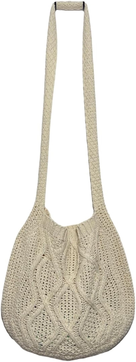 編みバッグ レディース ケーブル編み 網バッグ ニット ショルダー トートバッグ 編み込み (ホワイト)