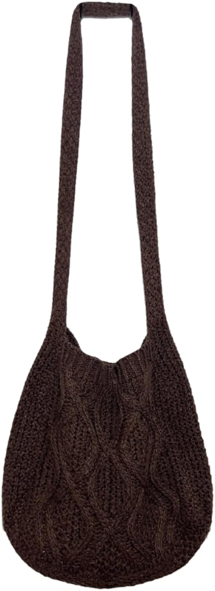 編みバッグ レディース ケーブル編み 網バッグ ニット ショルダー トートバッグ 編み込み (ブラウン)