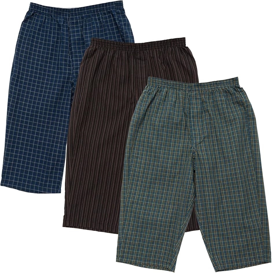 ステテコ セット メンズ カジュアル プリント チェック柄 7分丈 綿100％ 前あき 春 夏(チェック柄ランダム3枚セット,  4L)