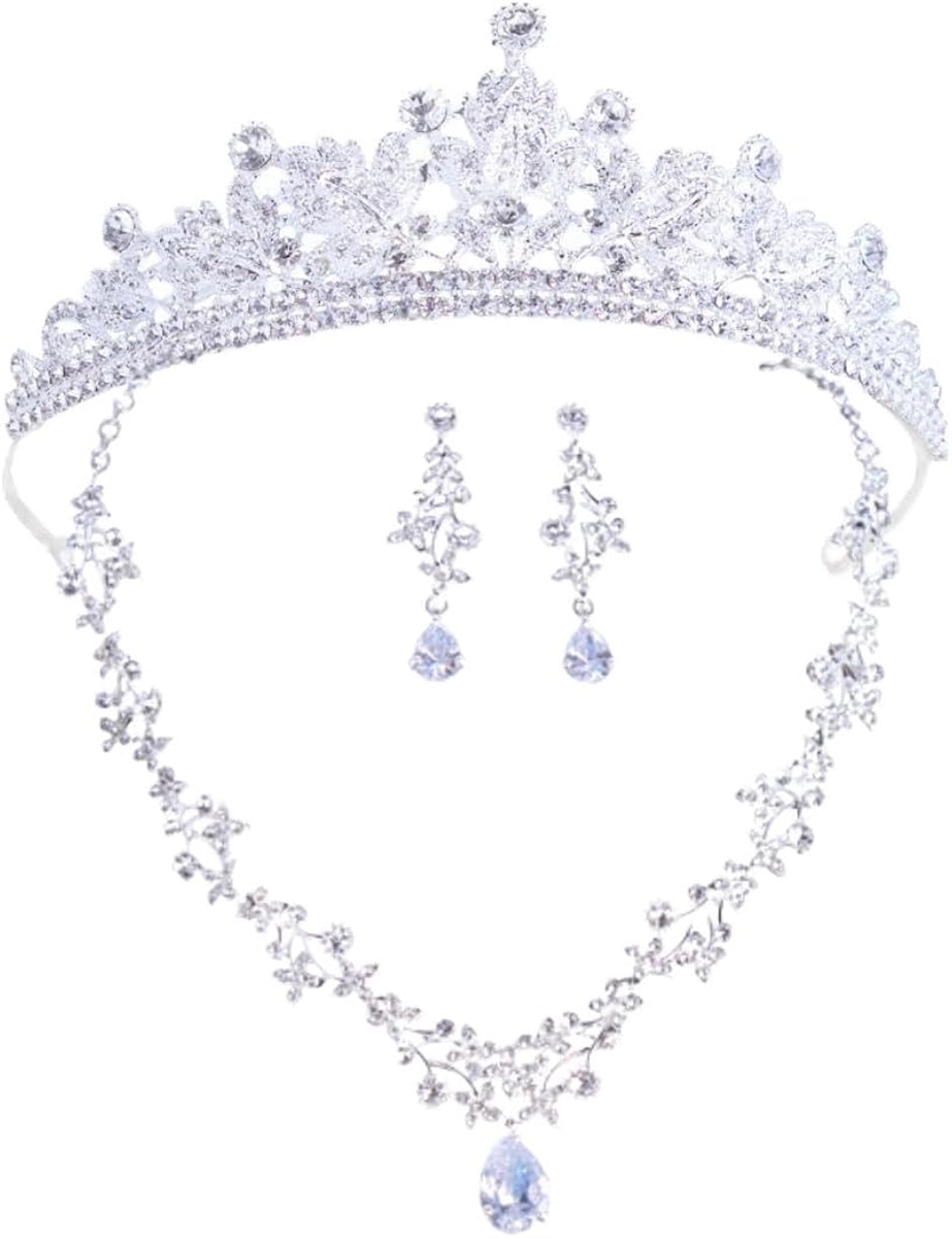 リーフモチーフ ティアラ ネックレス イヤリングまたはピアス 3点セット ヘアピン付属 付け方解説書付き(シルバー,  free)