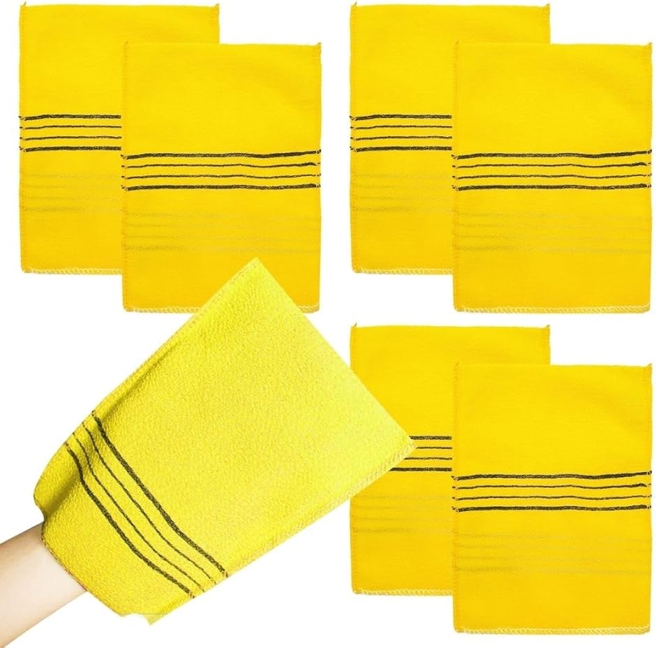 あかすり 垢擦り ミトン タオル グローブ 手袋 角質取り 風呂 6枚セット (イエロー)