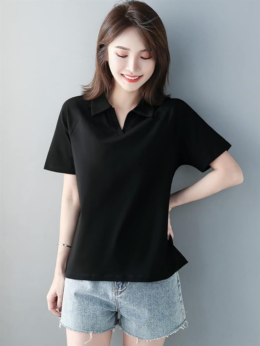 ポロ シャツ Tシャツ 半袖 無地 襟付き Vネック キレイメ レディース
