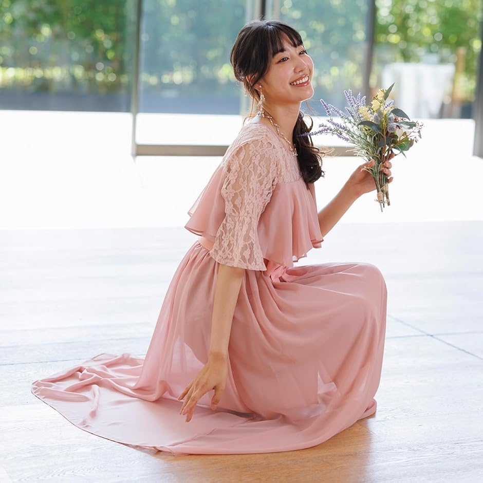 パーティー ドレス 結婚式 レース 切替 胸元 フリル ロングドレス