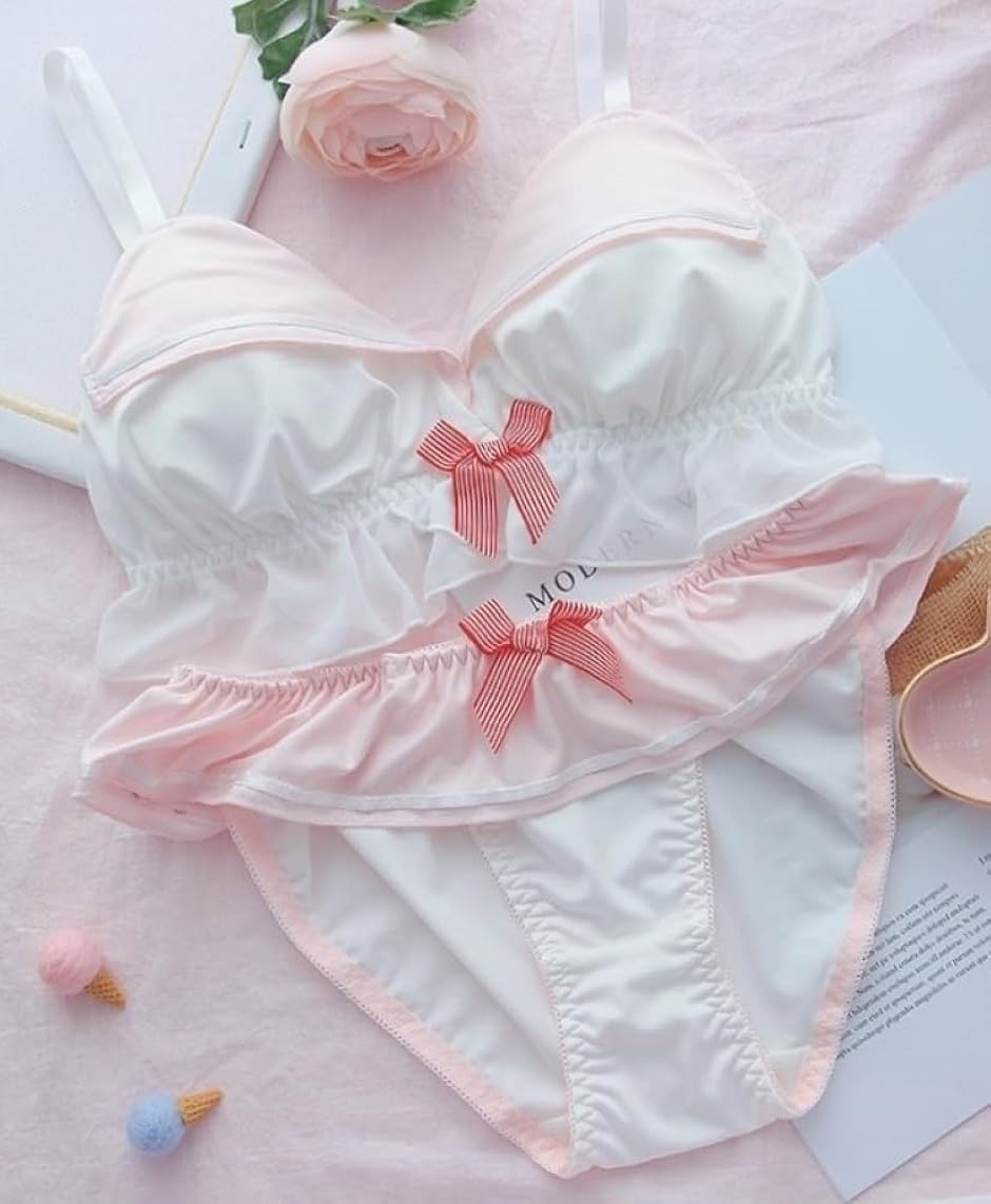 Nmerry ピンク ブラジャー LLサイズ 3枚セット 大きいサイズ ゆめかわ フリフリ ノンワイヤー ブラ ショーツ セット