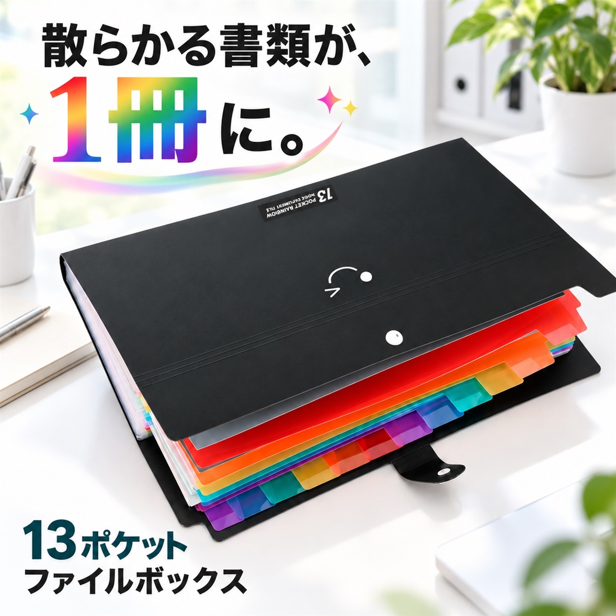 ファイルボックス A4 13ポケット ボタン付 防水 レインボーカラー