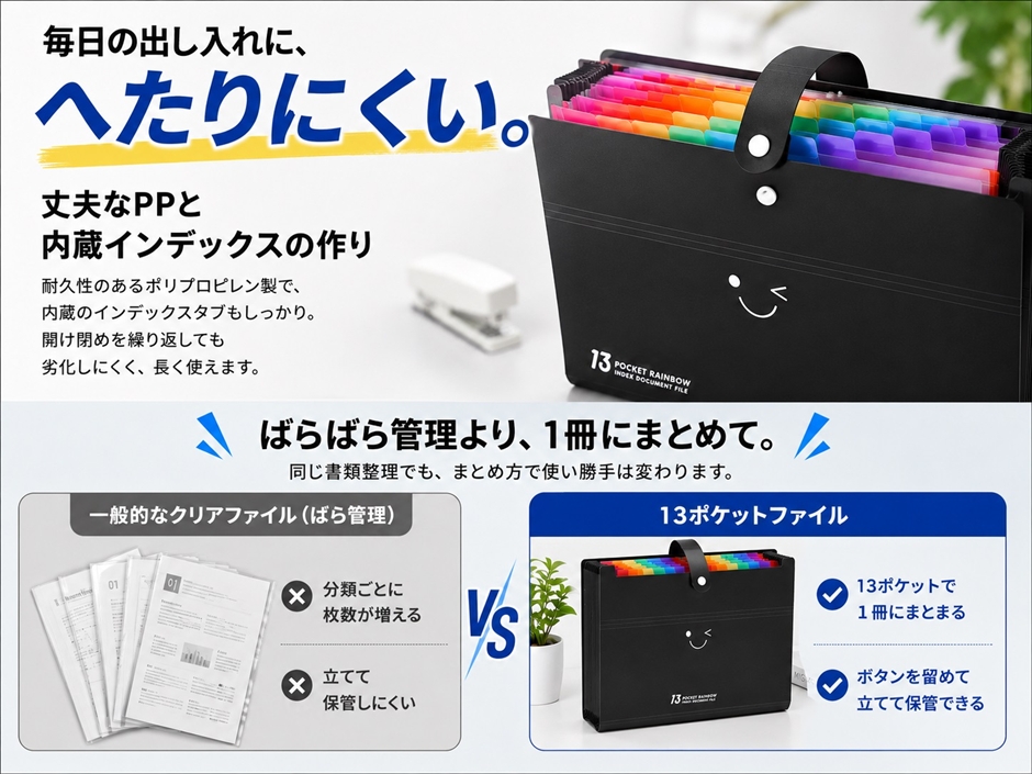 ファイルボックス A4 13ポケット ボタン付 防水 レインボーカラー