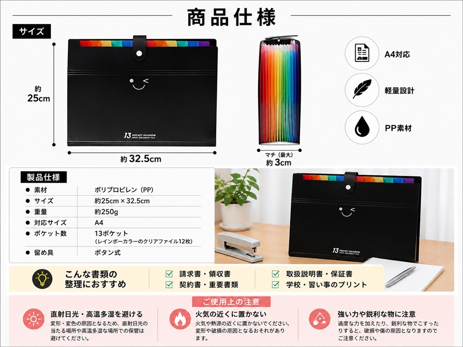 ファイルボックス A4 13ポケット ボタン付 防水 レインボーカラー