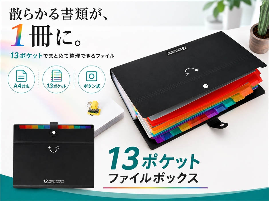 ファイルボックス A4 13ポケット ボタン付 防水 レインボーカラー