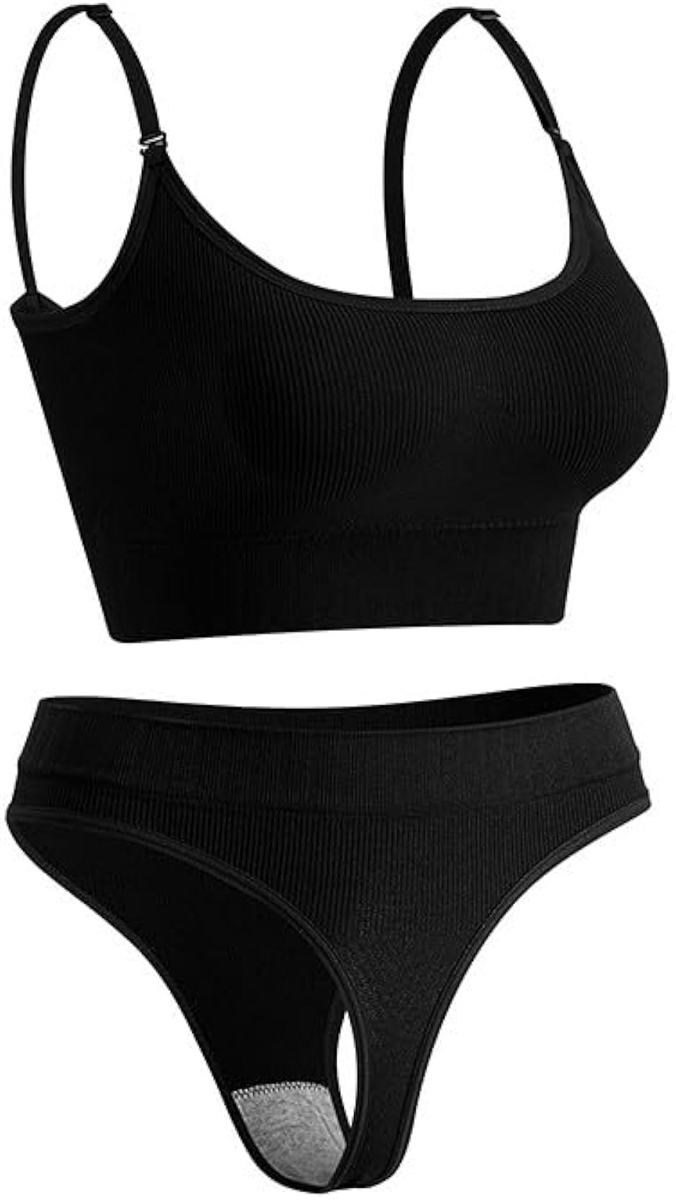 スポーツブラ ＆ Tバックセット ミディアムサポート 無地 カップ内臓 ノンワイヤー ナイトブラ MDM(ブラック,  2XL)