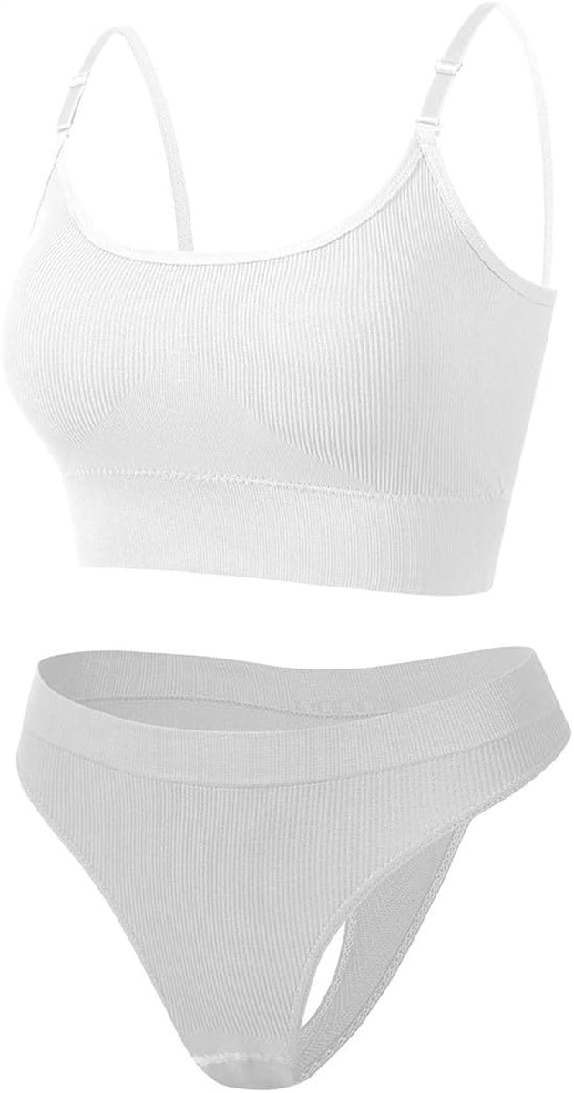 スポーツブラ ＆ Tバックセット ミディアムサポート 無地 カップ内臓 ノンワイヤー ナイトブラ MDM(ホワイト,  M)