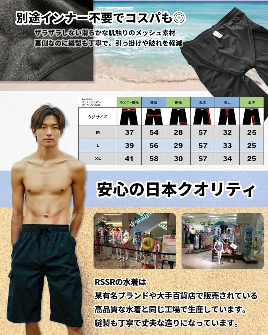 水着 メンズ サーフパンツ ＋7cm ロング丈 ゆったり 丈長め メッシュ