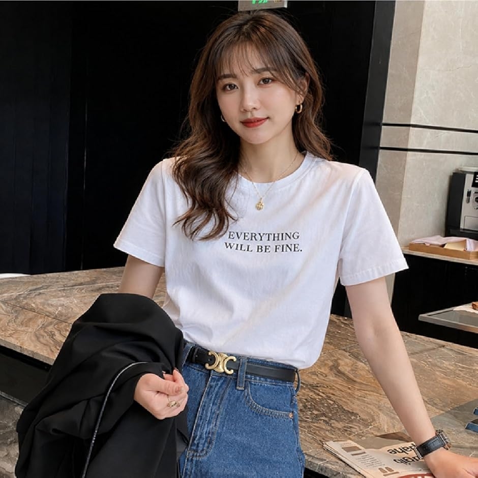 レディース Tシャツ トップス 半袖 クルーネック 英字 プリント ビッグ 