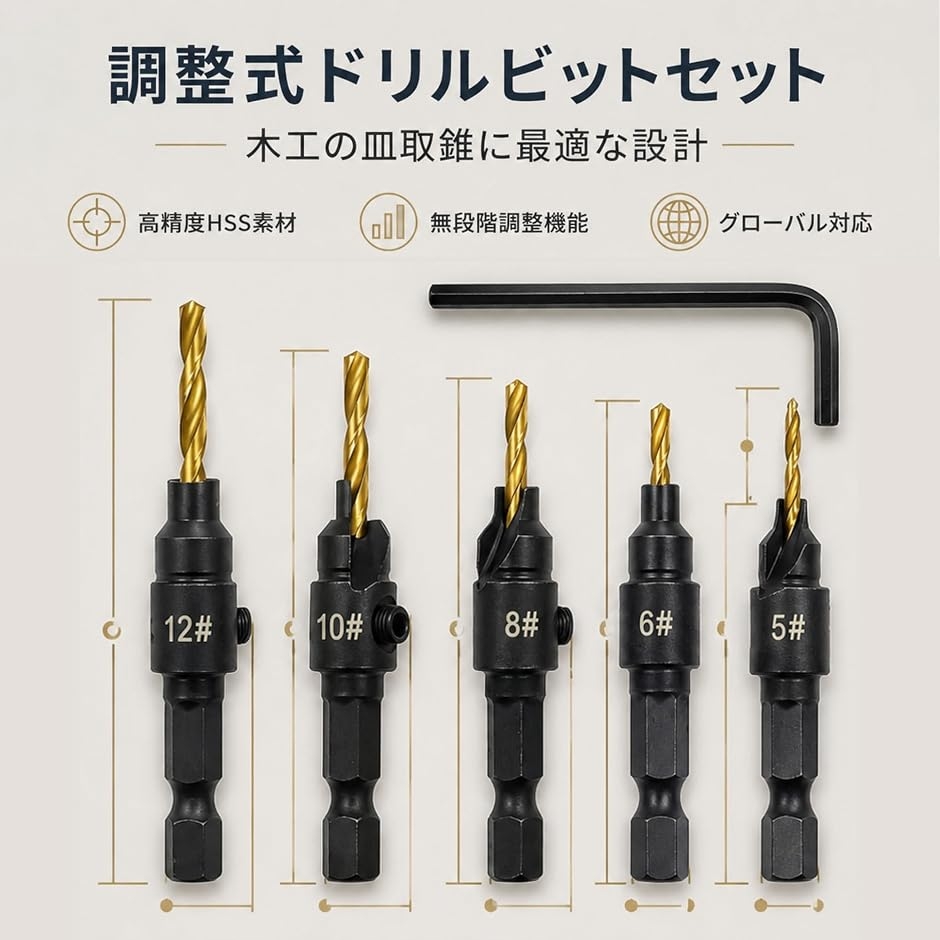 木工用 皿取錐ドリルビットセット 5本組 下穴・皿穴加工対応 1/4インチ