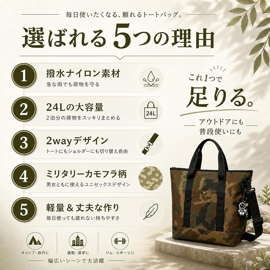 トートバッグ 迷彩 カモフラ柄 24L 大容量 2way ショルダー 撥水