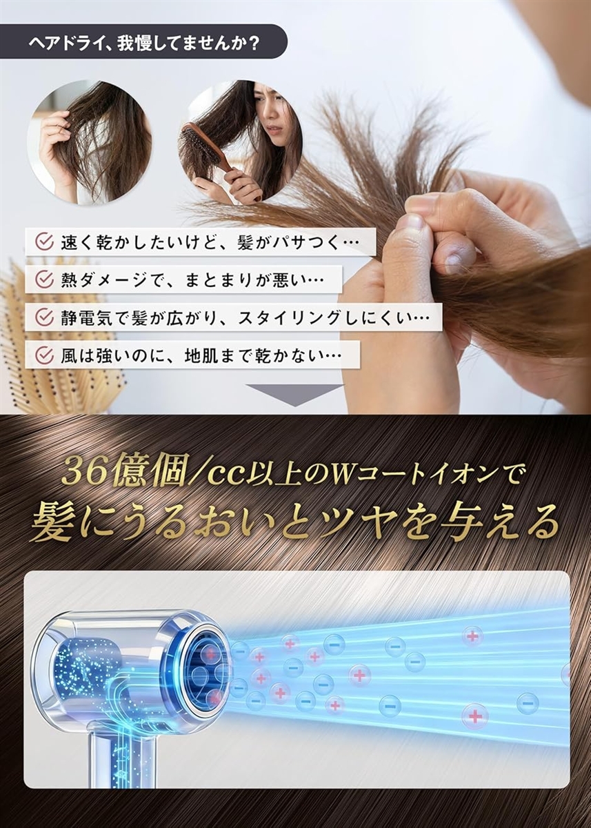 36億高濃度プラズマヘアドライヤー、速乾 低温 、サロン級ドライヤー