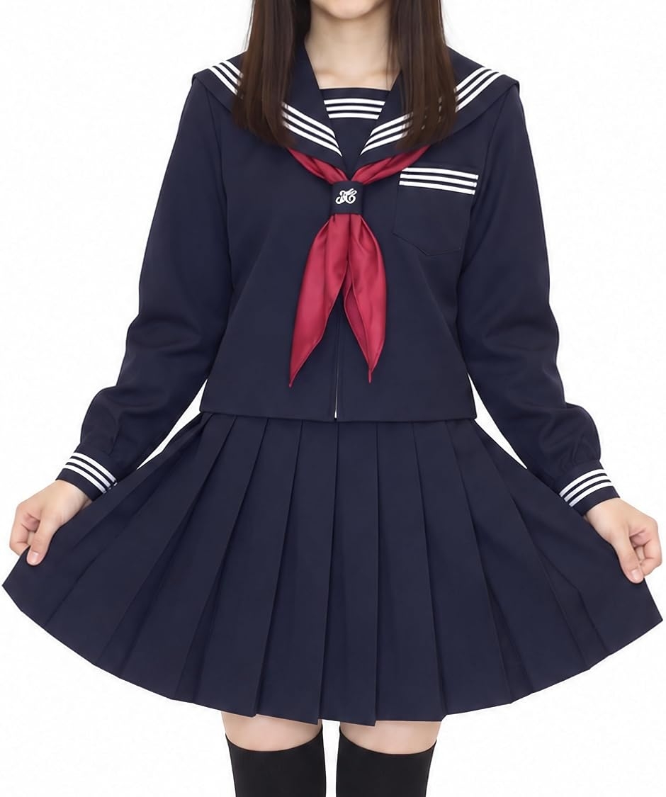 セーラー服 コスプレ 長袖 紺 ネイビー 女子高生 JK 高校生 制服 トップス スカート スカーフ セット MDM (ネイビー,  M)