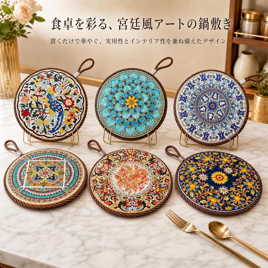 ハンドメイド ポットマット 鍋敷き コースター 鍋敷き 耐熱 おしゃれ 陶器 宮廷風 天然コルク 滑り止め ポットマット