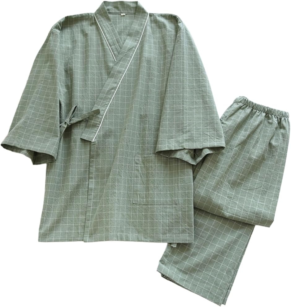 いつもの日々に 介護 パジャマ 前開き 入院準備 上下セット 綿100% 甚平風 ねまき (グリーン, M)