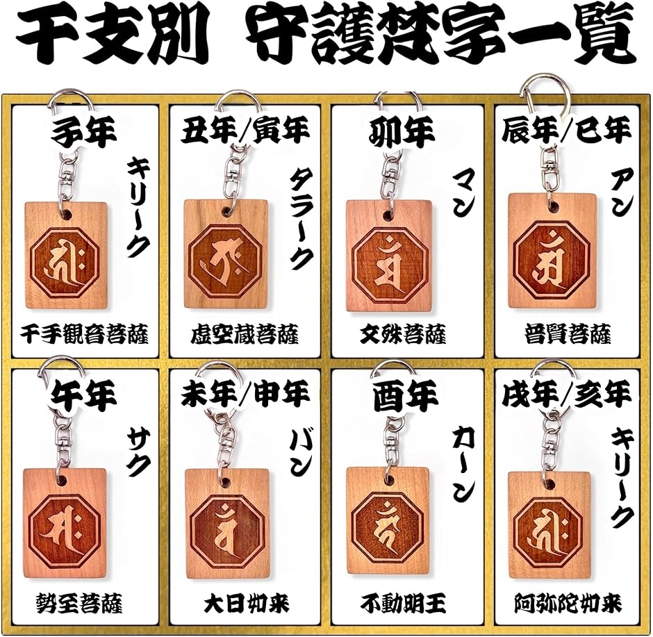 守護梵字木札キーホルダー 干支別 40x31mm 国産桜使用木札