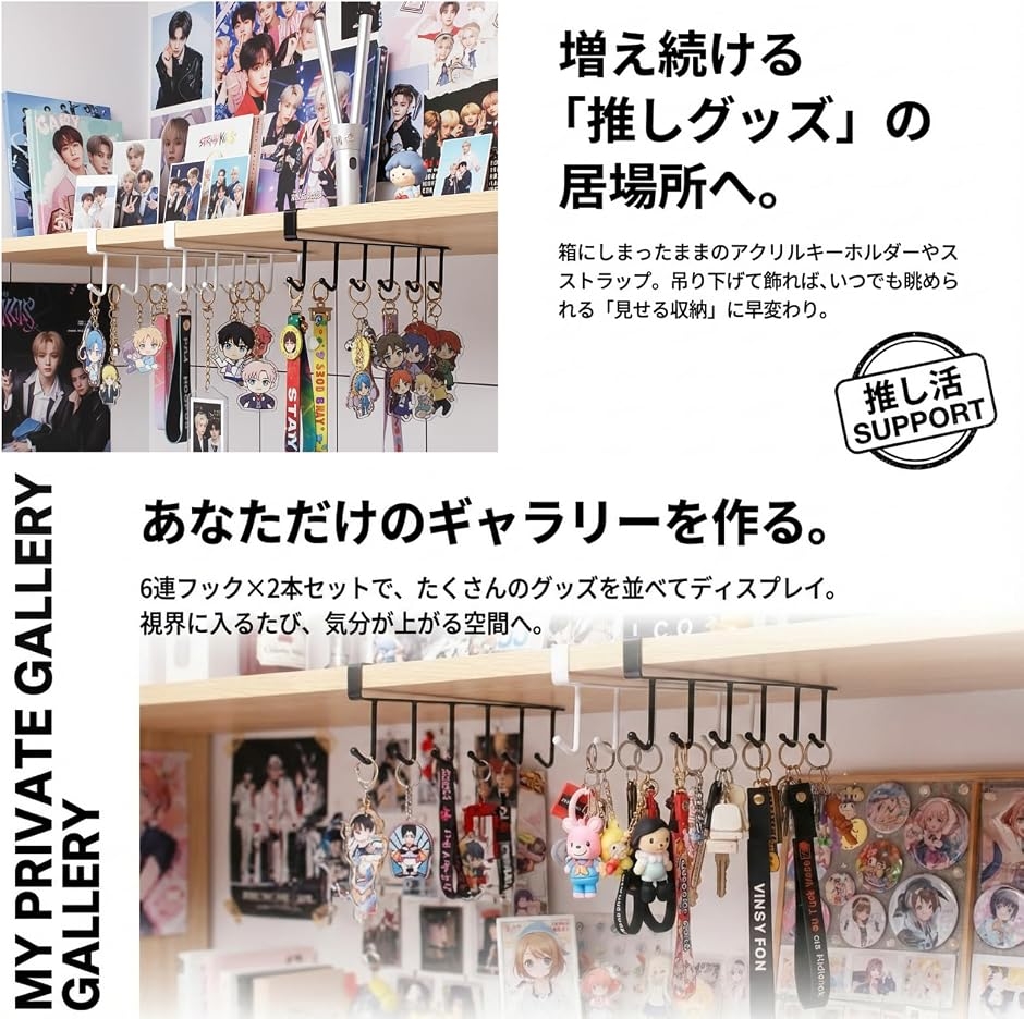 キーホルダー収納 6連フック 2本セット 幅26cm (ブラック) : REAPRI