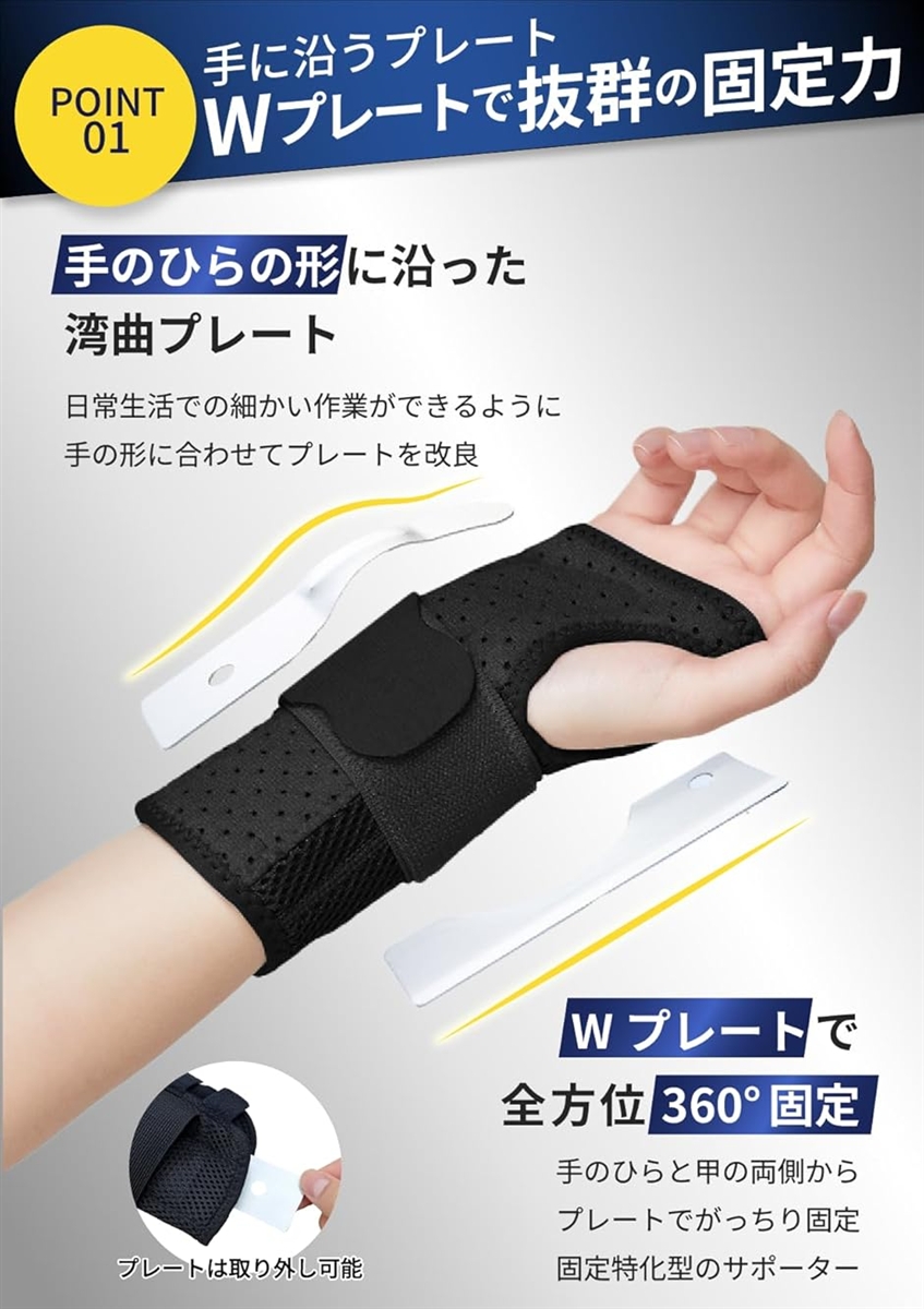 手首用サポーター 矯正用 固定ベルト 手首 サポーター 固定 Wプレートで360°強力固定TFCC ねんざ ベルト