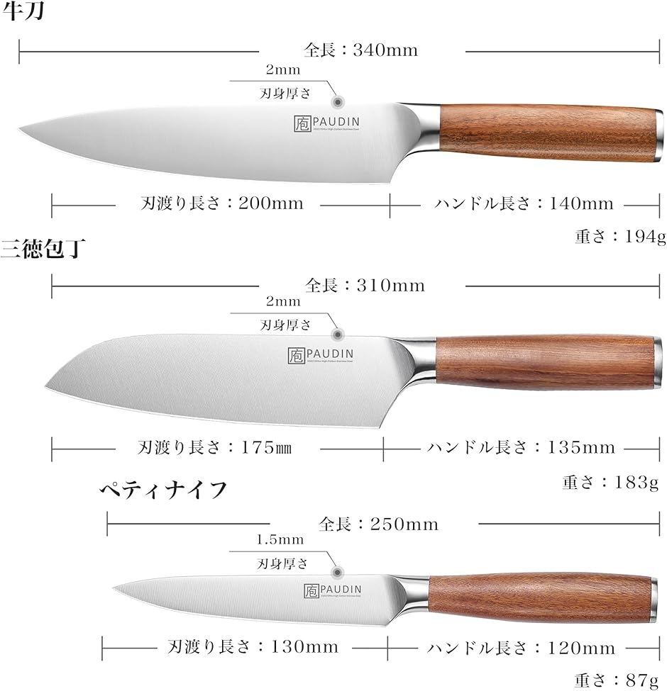 2026新型 包丁 3本セット 三徳包丁 牛刀 ペティナイフ 5Cr15MoV 高炭素