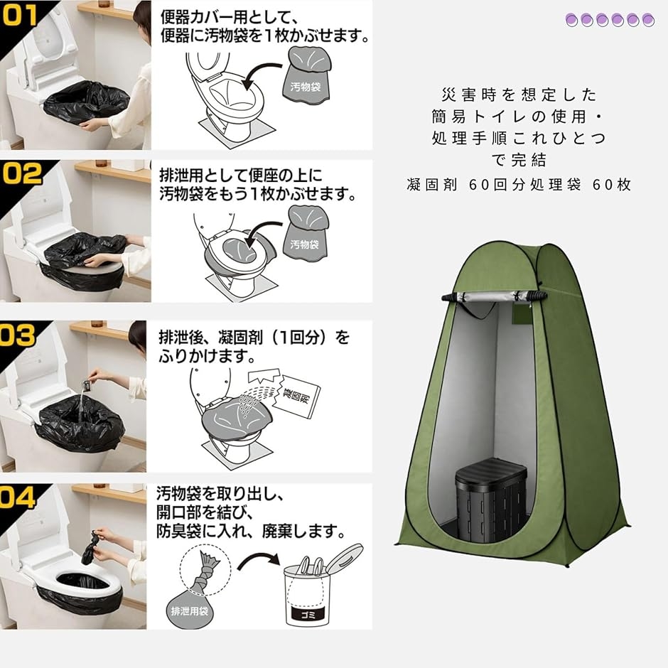 災害時に便利　ポップアッププライバシーテントと携帯トイレ、袋、簡易トイレ用凝固剤 簡易トイレ 携帯トイレ 非常用トイレ 災害用 防災 防災グッズ 凝固剤60