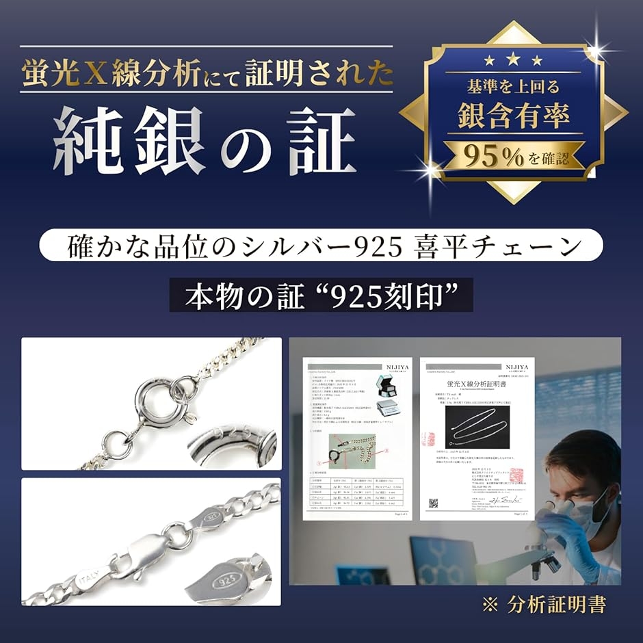 シルバー925 喜平チェーン ネックレス 2mm／3mm 45cm／50cm／55cm 純銀 メンズ (ホワイト,  3mm/55cm)の画像