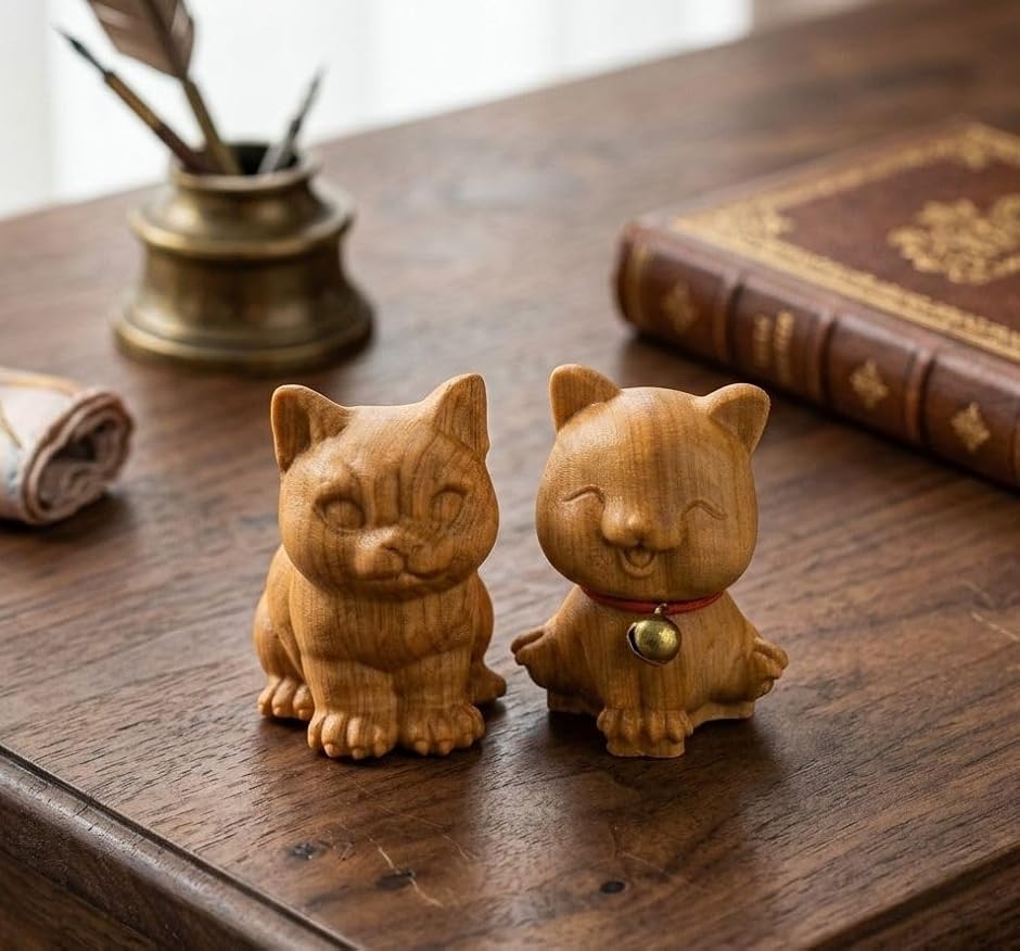 エンプティオ 木彫り ネコ 置き物 かわいい インテリア 小さい 木製