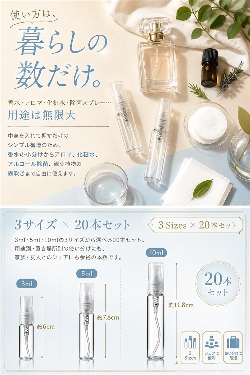 きめ細かいナノミスト噴射 スプレーボトル アトマイザー 香水 透明