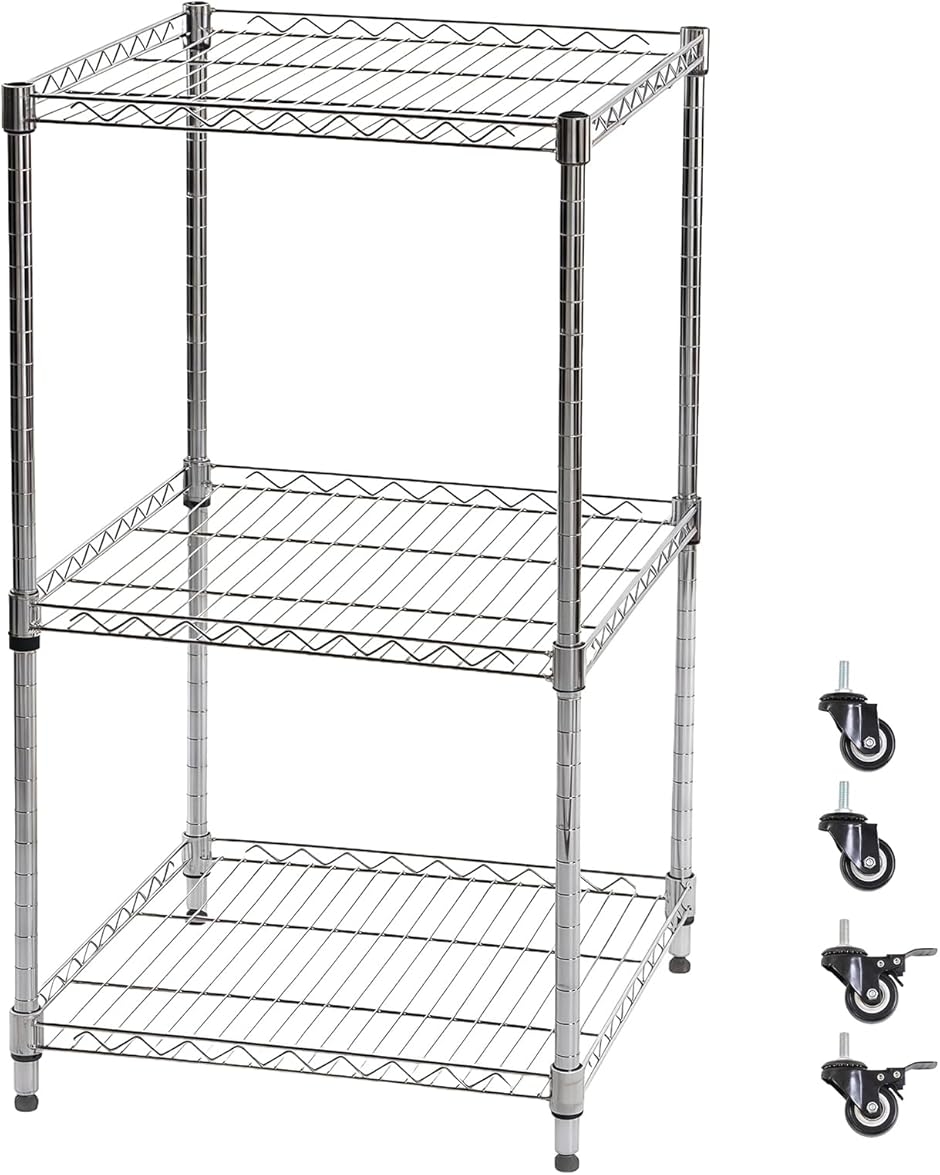スチールラック 3段 キャスター付き スリム ポール径19mm 全体耐荷重約150kg (シルバー,  幅40x奥行40x高さ80cm)