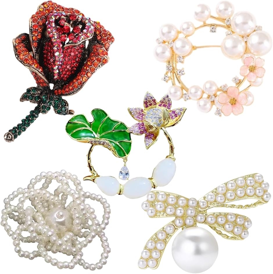 ブローチ 5個セット 花モチーフ パール調 ジルコニア 合金 フォーマル カジュアル レディース メンズ 胸飾り (エレガント,  標準)