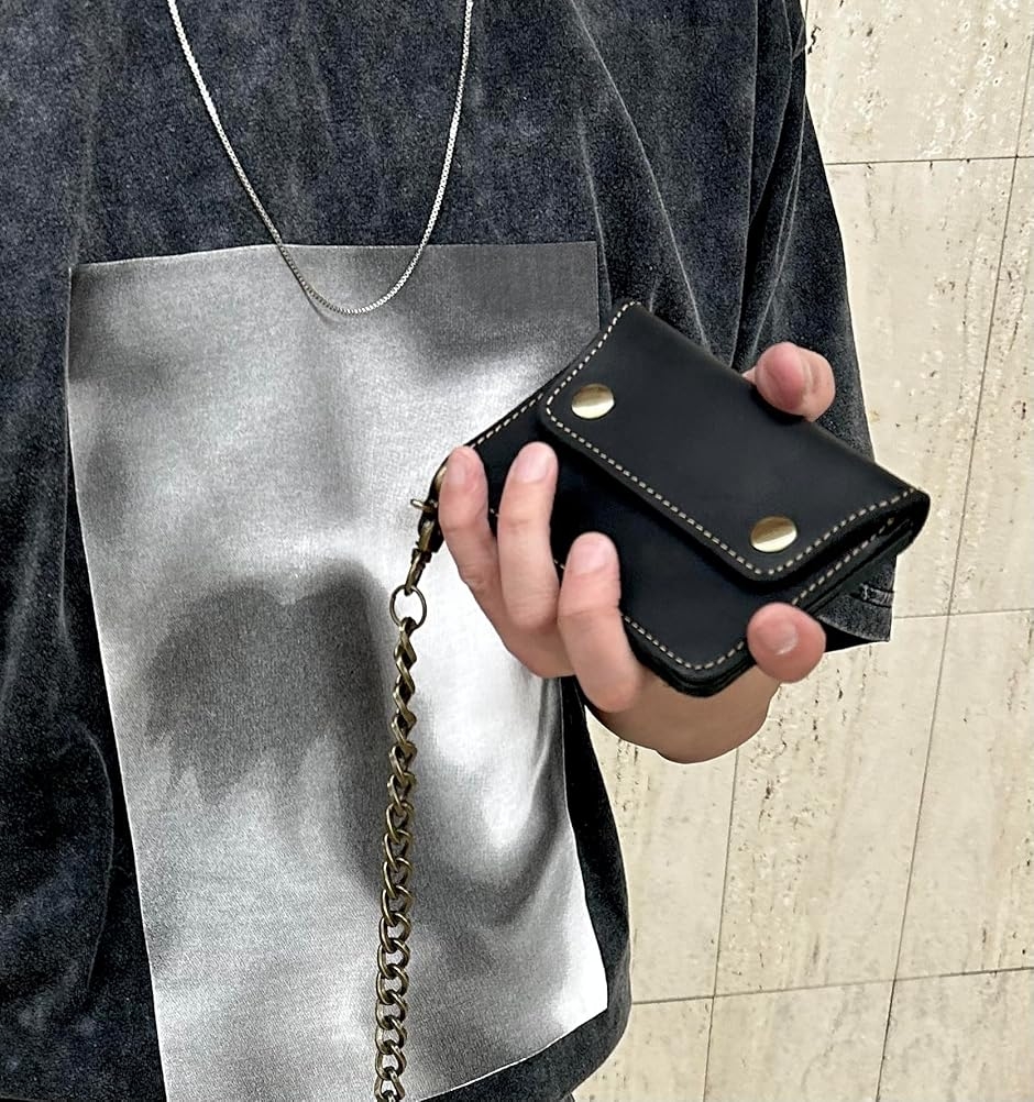 牛革コンパクトトラッカーウォレット レザーブラック カウハイド ミニショート財布 牛革 レザー ミニトラッカーウォレット ハーフウォレット コンパクト