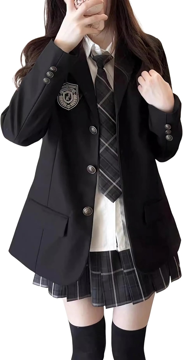 女子高生 コスプレ 制服 JK 学生服 仮装 コスチューム ブレザー Yシャツ スカート ネクタイ 文化祭 MDM (ブラック,  S)