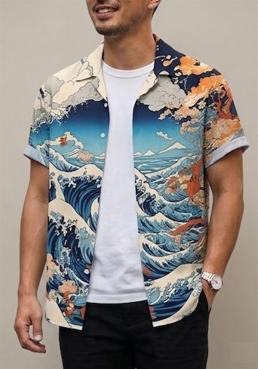 アスペルシオ 和柄 半袖シャツ 白波 浮世絵風 襟付き ビーチシャツ