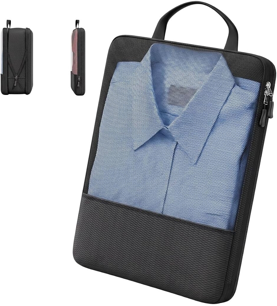 圧縮バッグ 旅行用 衣類収納 ダブルファスナー トラベルポーチ スーツケース整理 (ブラック,  34cm x 23cm x 10cm)