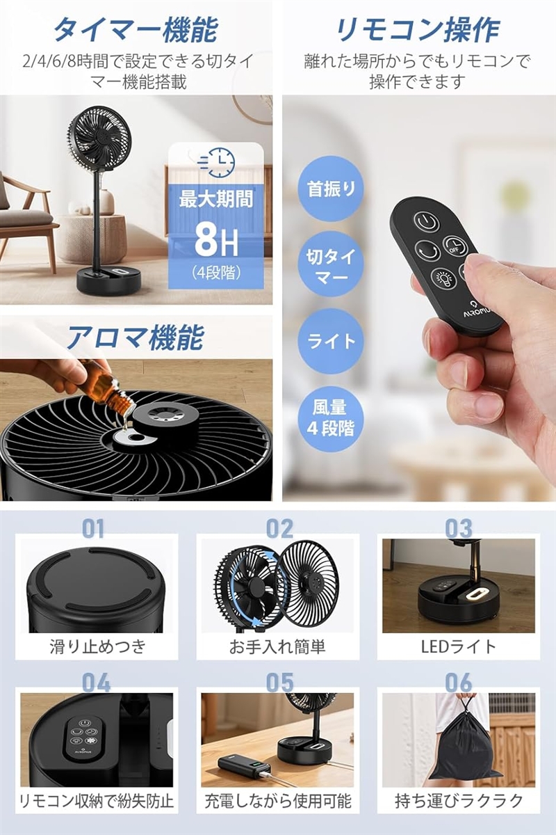 改良モデル コードレス扇風機 7200mAh USB充電式 折りたたみ扇風機 DC